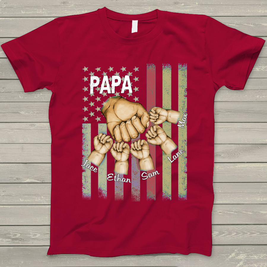 Personalized 'PAPA' 'GRANDKIDS' Hands Flag Red Orange Purple Green T-SHIRT 