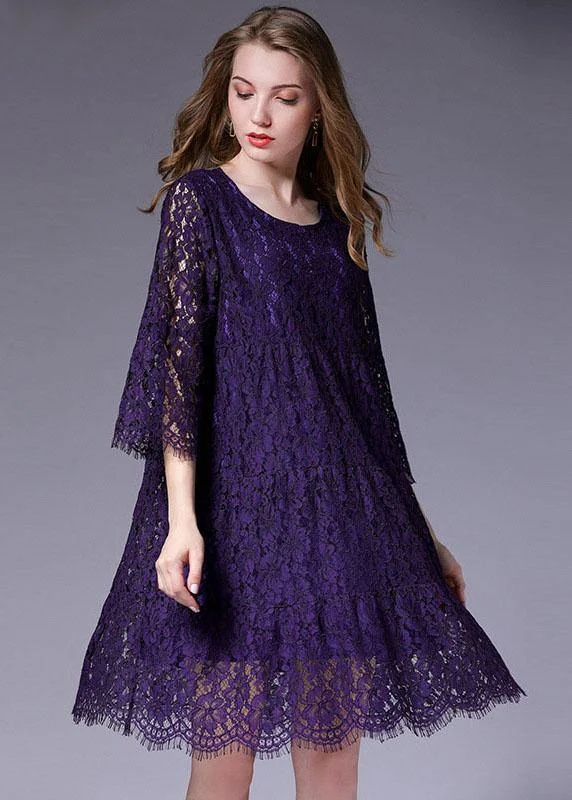 French Purple Half Sleeve Casual  Floral Vacation Dresses Half Sleeve