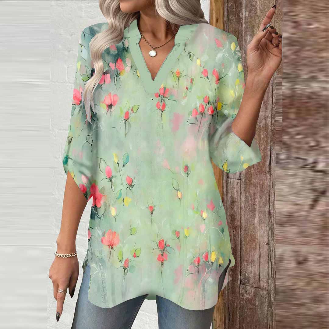 Women Floral, Green DZGA0339 3/4 Sleeve V-neck Printed Graphic Button Tops