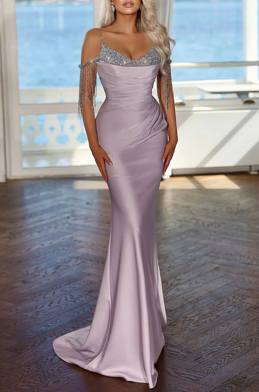Elegant Lavender long evening dress prom dress Spaghetti strap with Pleated Sequins Tassel