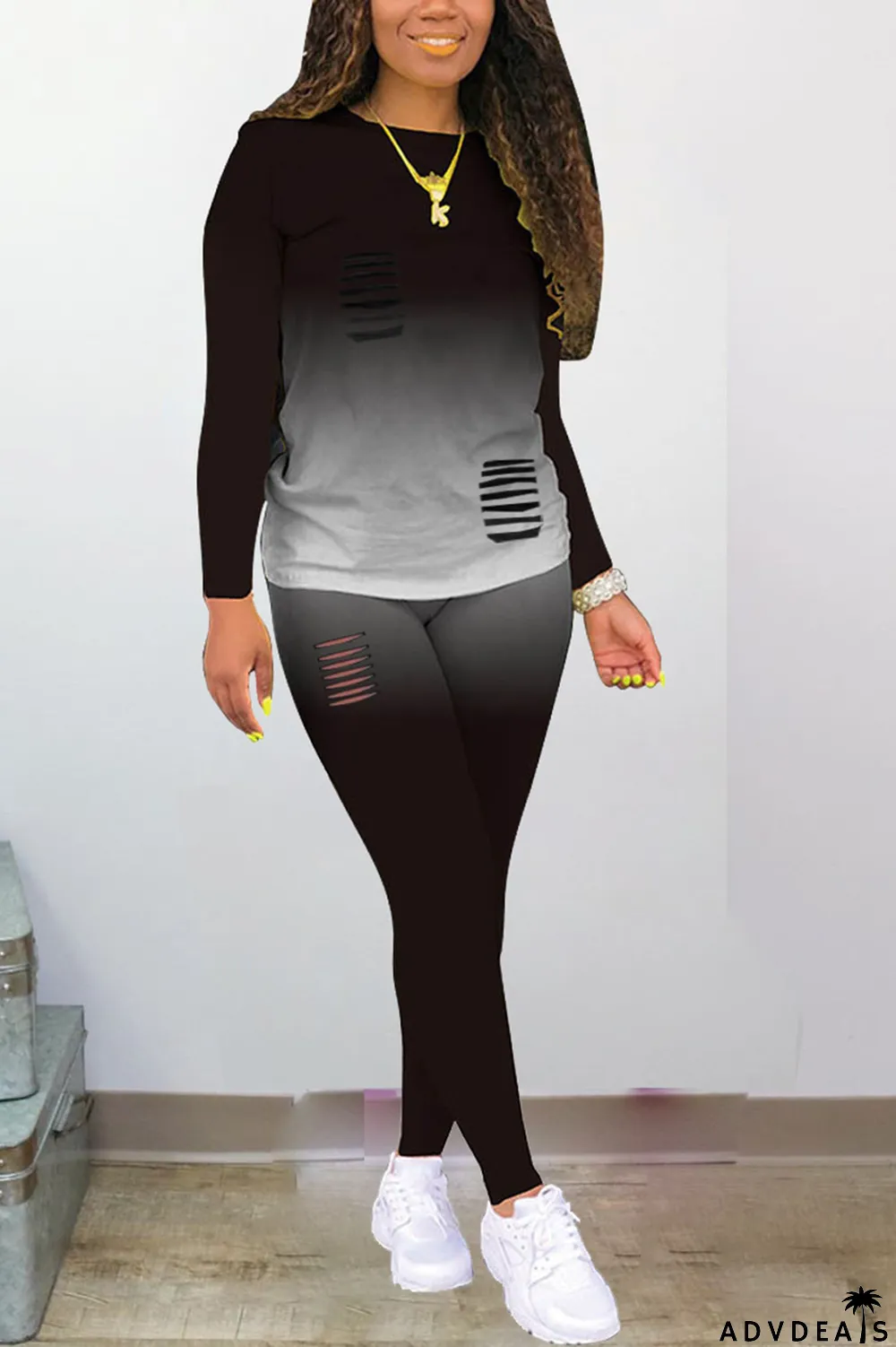 Purple Sexy Gradual Change Ripped O Neck Plus Size