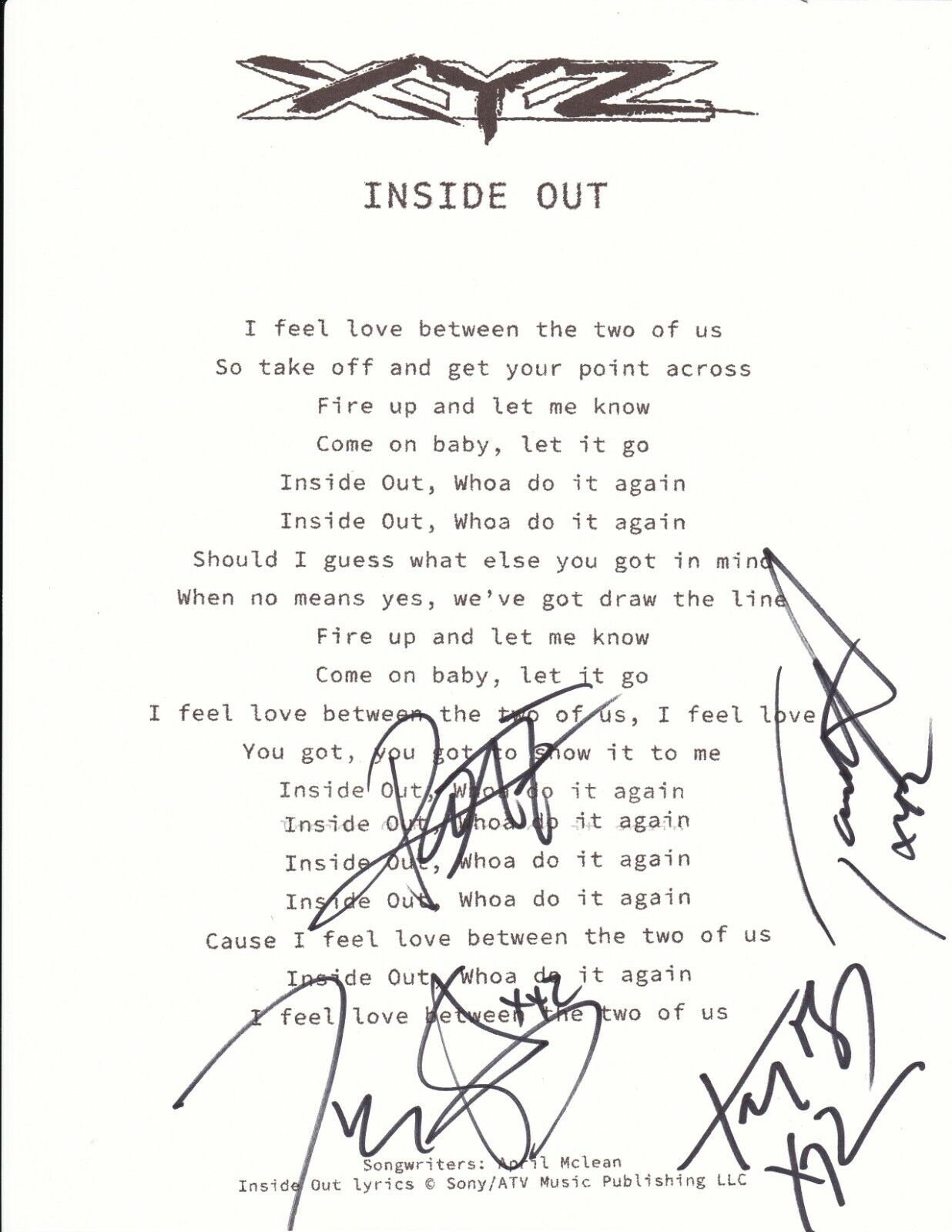 XYZ band REAL hand SIGNED Inside Out Lyric Sheet #2 COA Autographed by all 4