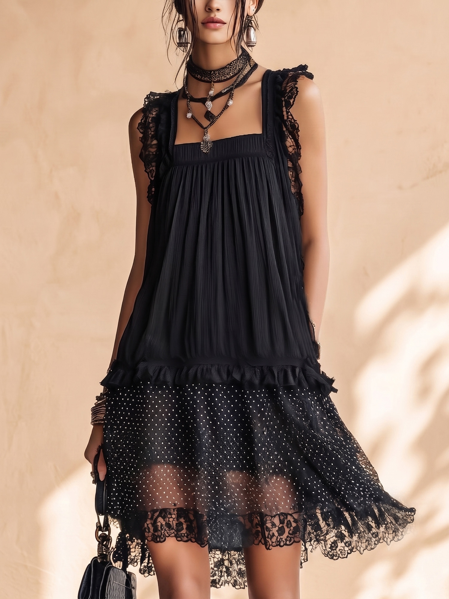 Day Dress &mdash; Noir Black Square Neck Ruffle Lace Dress Mini Dress