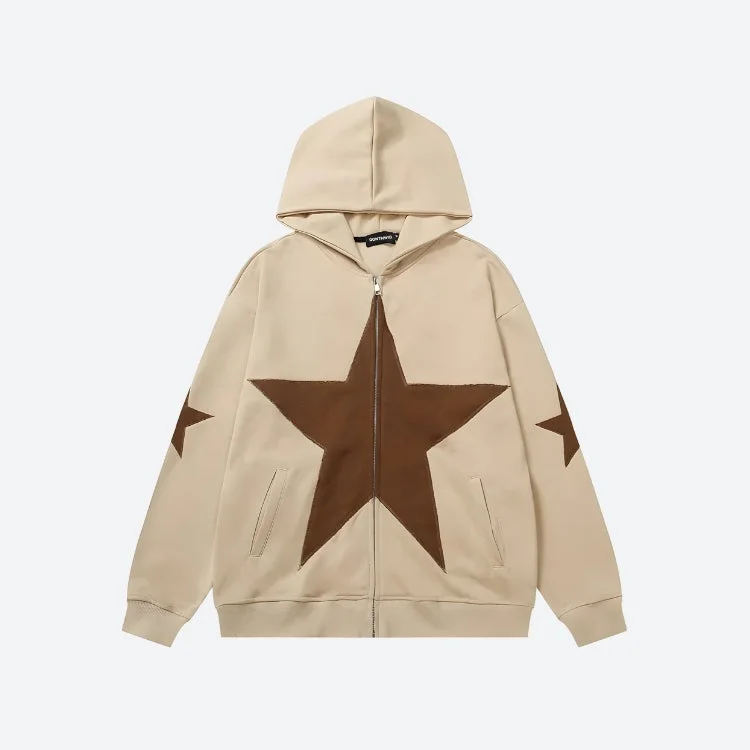Brownm Star Patch Zip-Up Hoodie