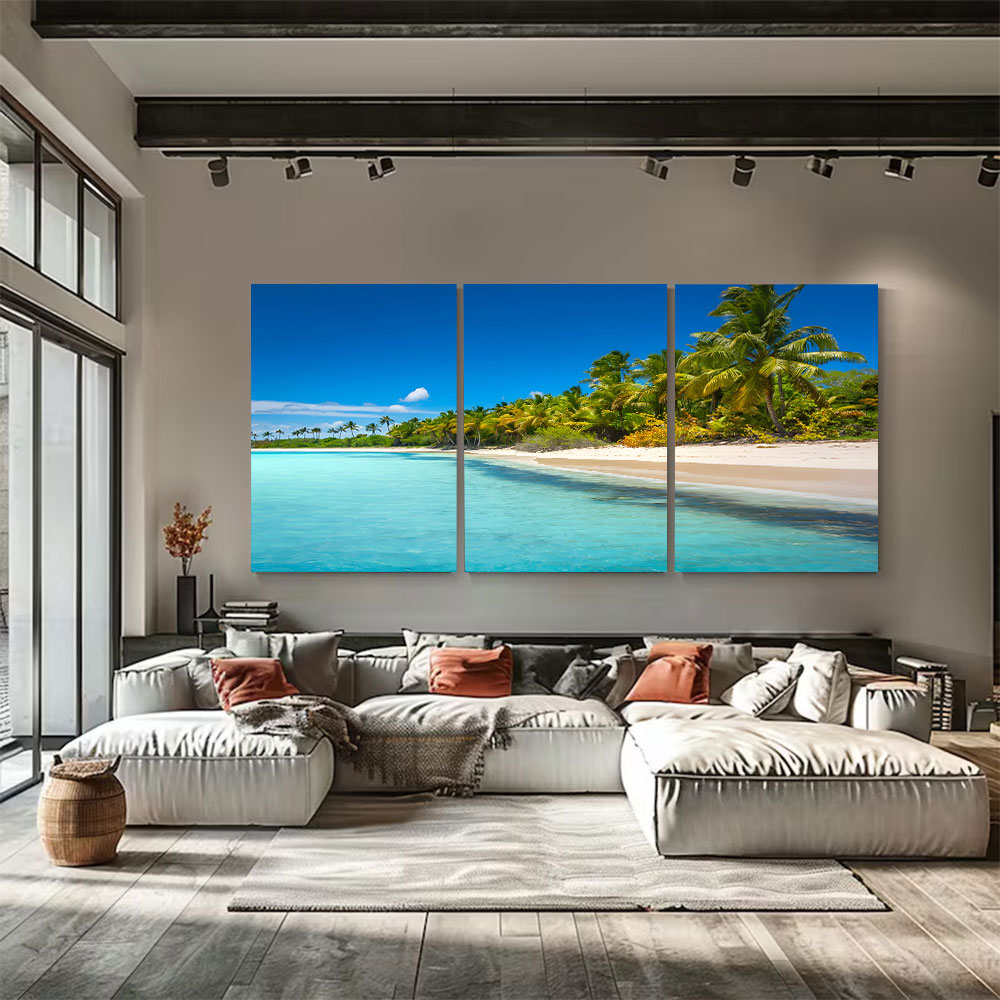 3-Piece Set Tropical Shallow Lagoon With Palms Canvas Art