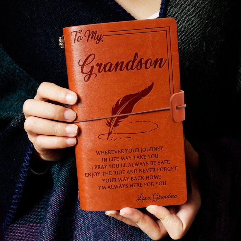 Unique Gift Grandma To Grandson - Enjoy The Ride - Engraved Leather Journal Notebook
