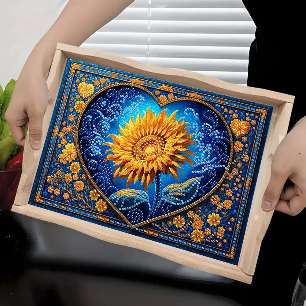 Wooden Night Sunflower 5D Diamond Painting Tray Art Craft with Handle for Desk