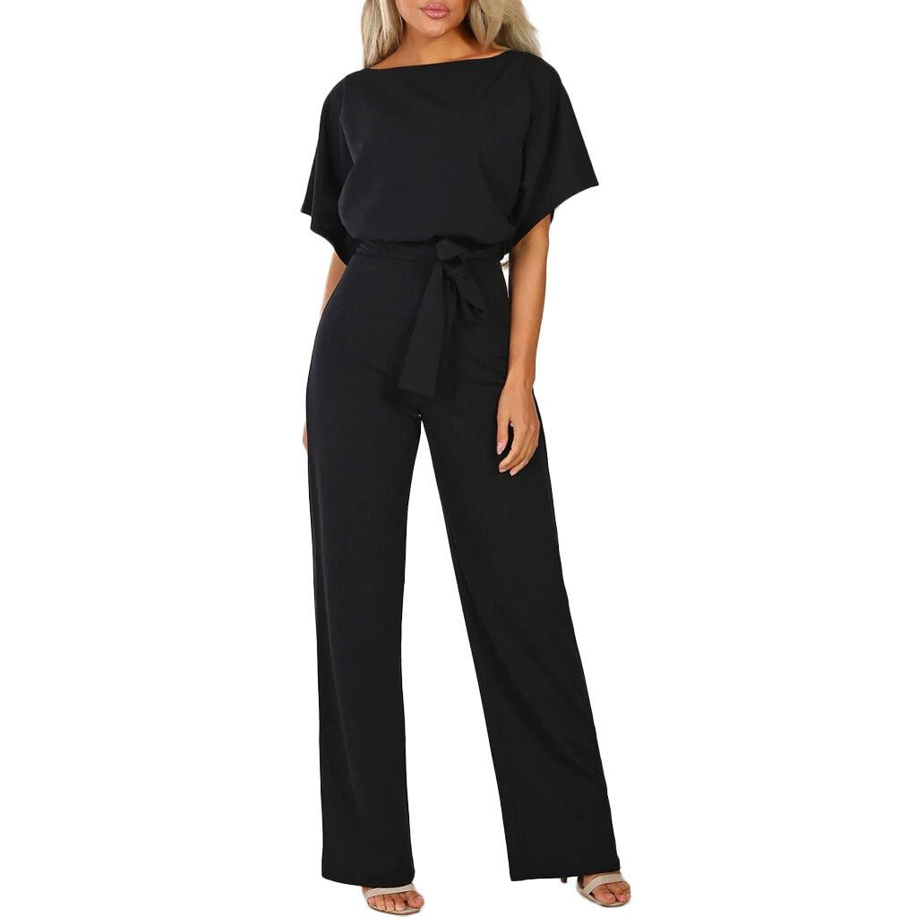 Office Women Casual Straight Leg Jumpsuit With Belt Female Short Sleeve High Waist Solid Long Playsuit Romper комбинезон женский