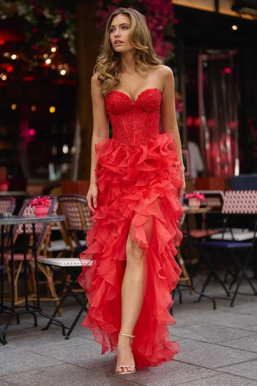 Miabel Stunning Red Sweetheart Strapless Sleeveless Split Ruffles Prom Dress with Beadings 