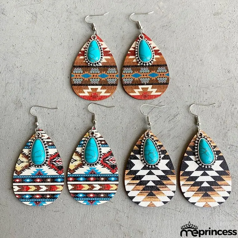 Turquoise Teardrop Shape Wooden Dangle Earrings