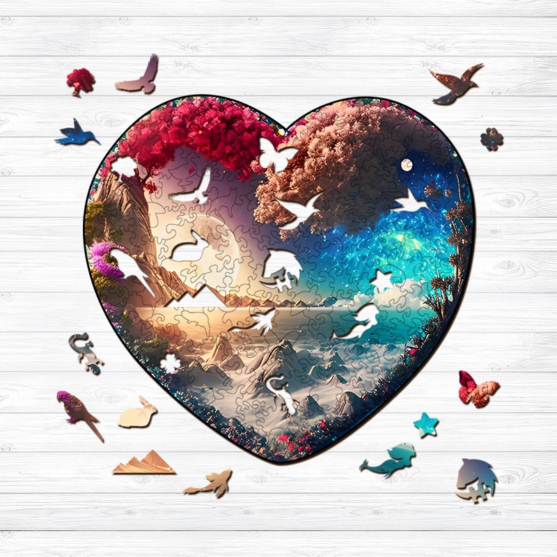 Jeffpuzzle™-Jeffpuzzle™Flowered Heart moon and stars Wooden Jigsaw Puzzle