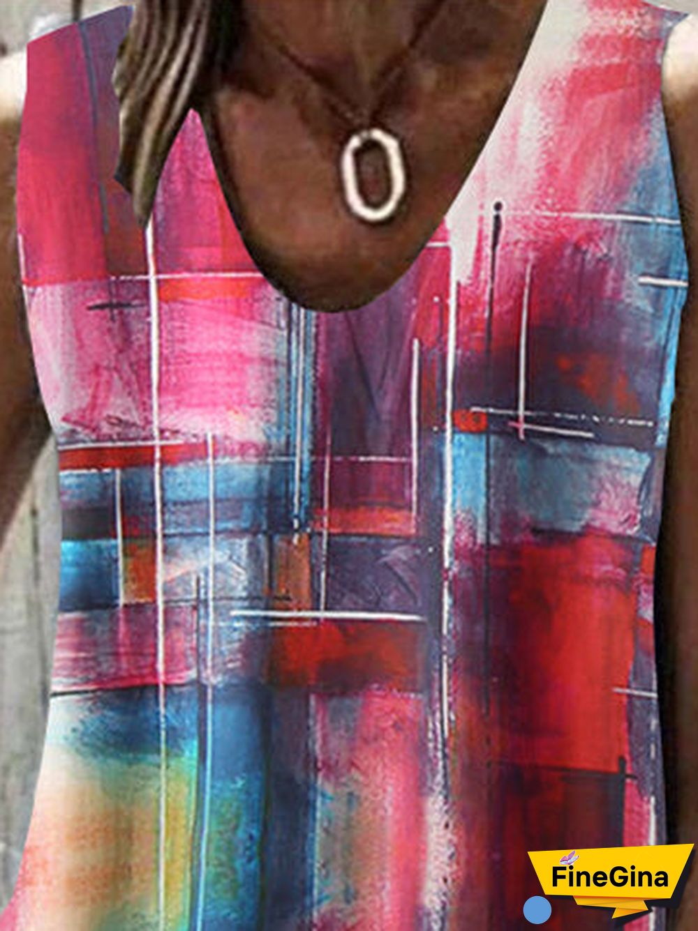 Women Sleeveless V-neck Plaid Tie Dye Top