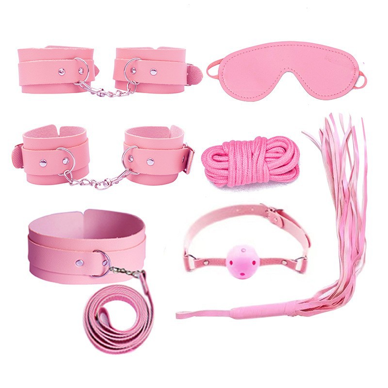 Bondelle - Beginner Friendly BDSM Bondage Kit 7pcs, Leather Handcuffs Ankle Cuffs Collar Leash Rope Whip Ball Gag Blindfold, For Couples Beginner Role Play By Rose Toy