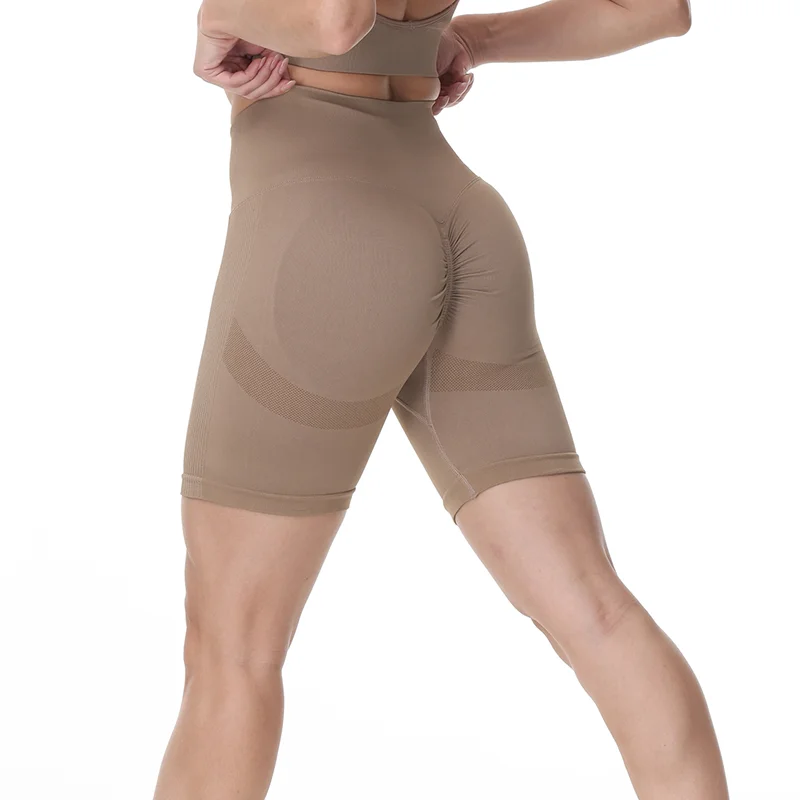 Buy brown scrunch butt peach lift non see through nylon seamless gym workout shorts on Hergymclothing