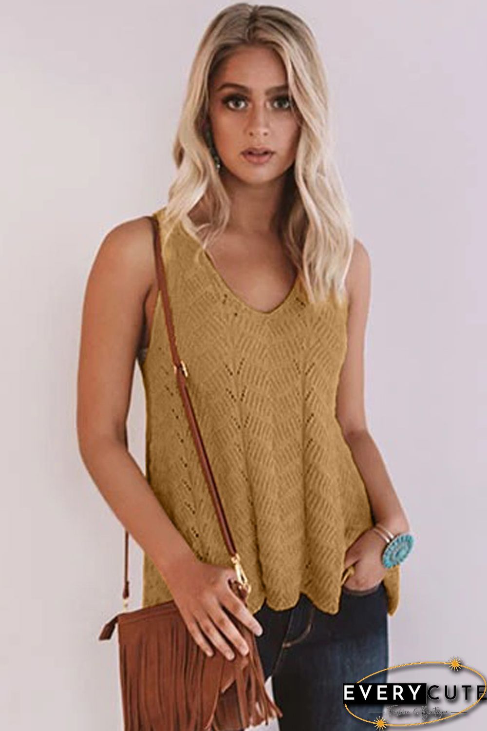 Yellow Flowy Scalloped Hemline Knit Tank Top
