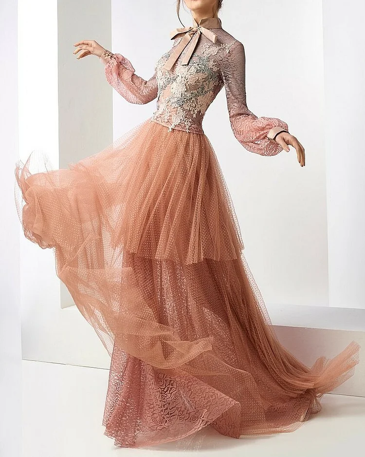 Lace Long Semi-Sheer Sleeves Dress