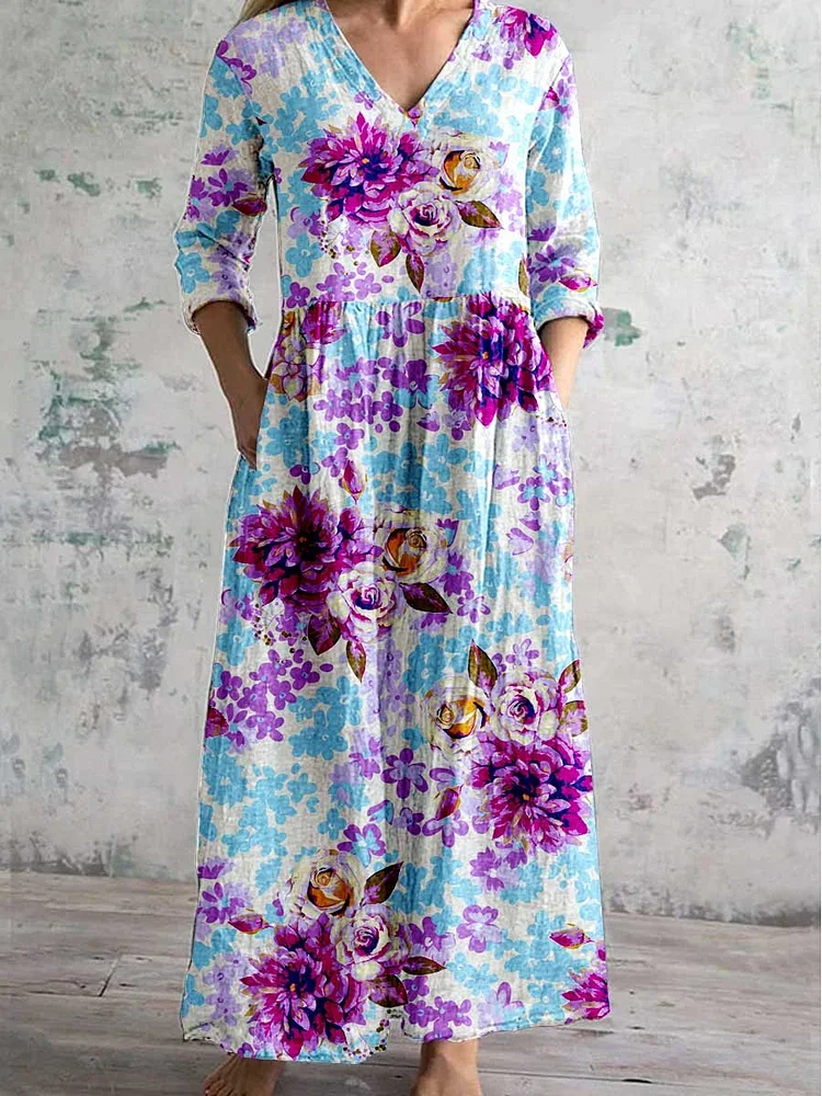 Women's Art Rose Floral V Neck Cotton and Linen Dress With Pockets