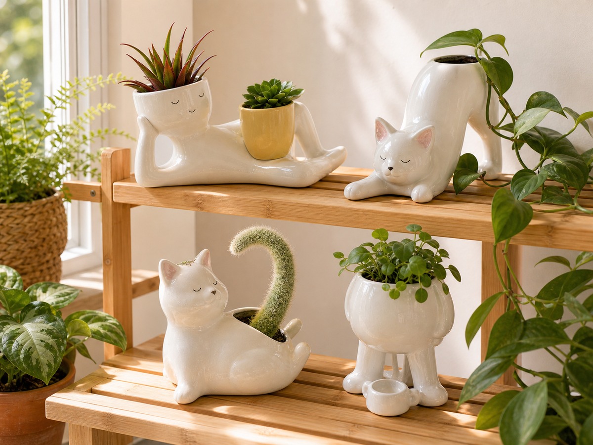 Handmade plant pots styled on a wooden plant shelf