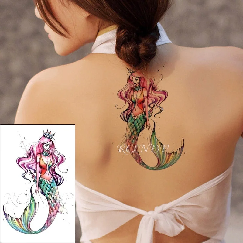 Waterproof Temporary Tattoo Sticker Color Sexy Mermaid Long Hair Girl with Crown Cross Fake Tattoo Flash Tattoo for Women Men