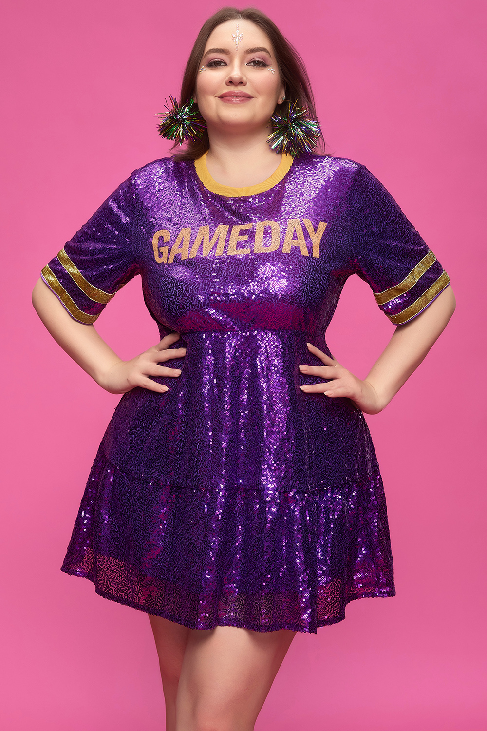 Design Plus Size Party Purple Letter Print Round Neck Short Sleeve Sequin Mini Dresses  [Pre-Order]