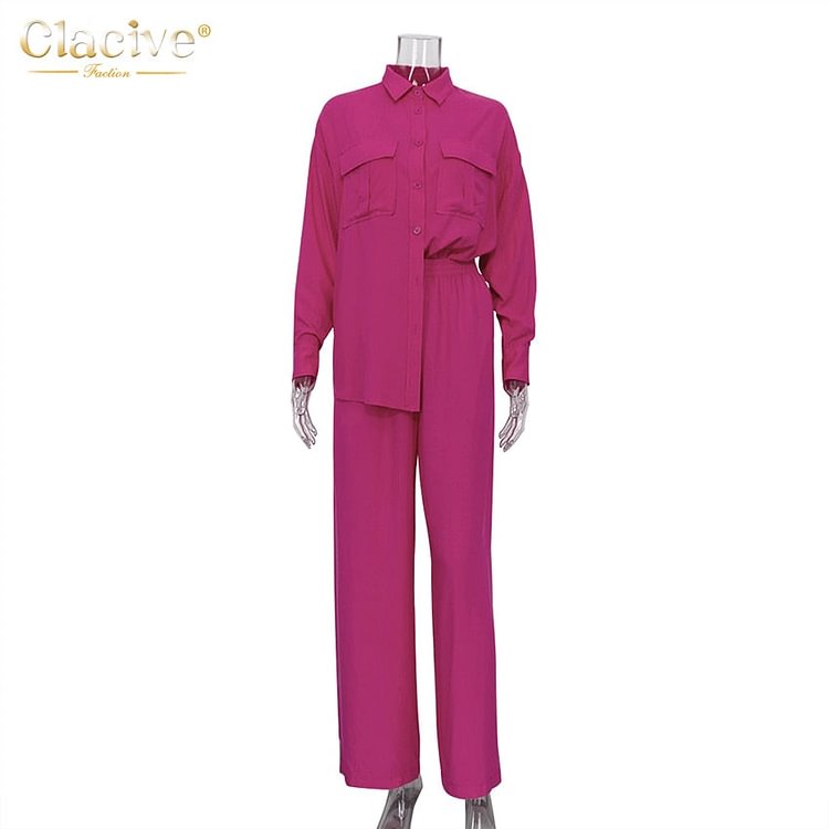 Clacive Casual Loose Pink Women Sets Fashion Long Sleeve Shirts High Waist Pants Two Piece Set Elegant Straight Trousers Suit