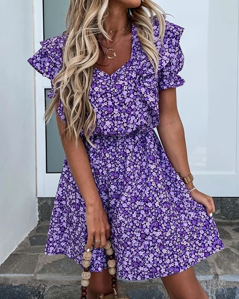 Women's Summer Dress Floral Print Purple Ruffles Sleeve V-neck Dress High Waist Casual Style Mini Sundress