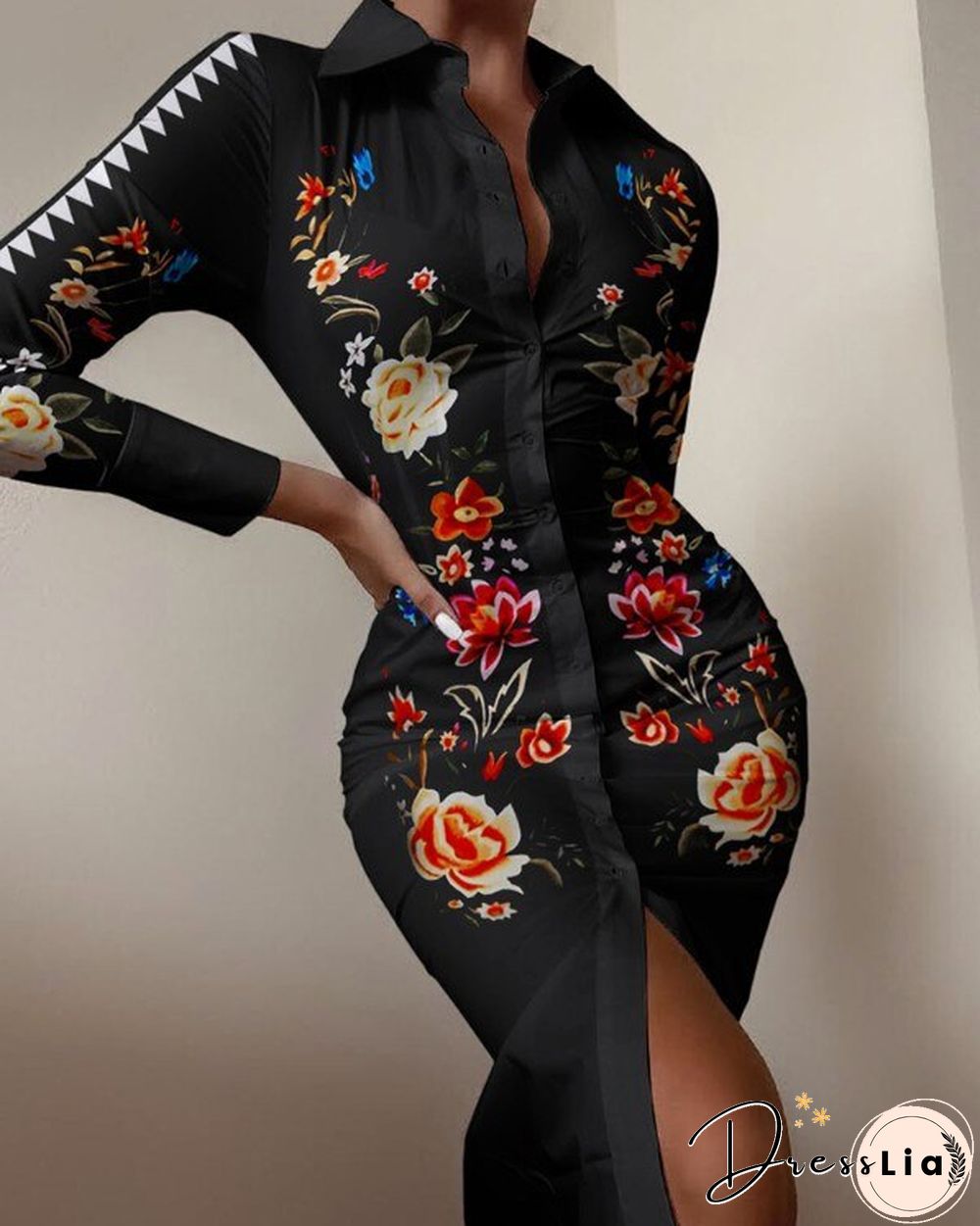 Sexy floral print dress women autumn long sleeve v-neck high waist bandage button slim