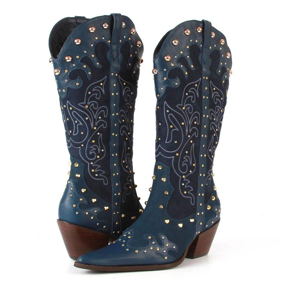 Navy Patchwork Pointed Toe Studs Embellished Cowboy Boots for Women