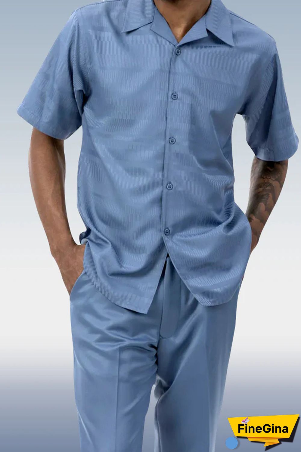 Blue Men's 2 Piece Tone on Tone Stripe Short Sleeve Walking Suit in Slate