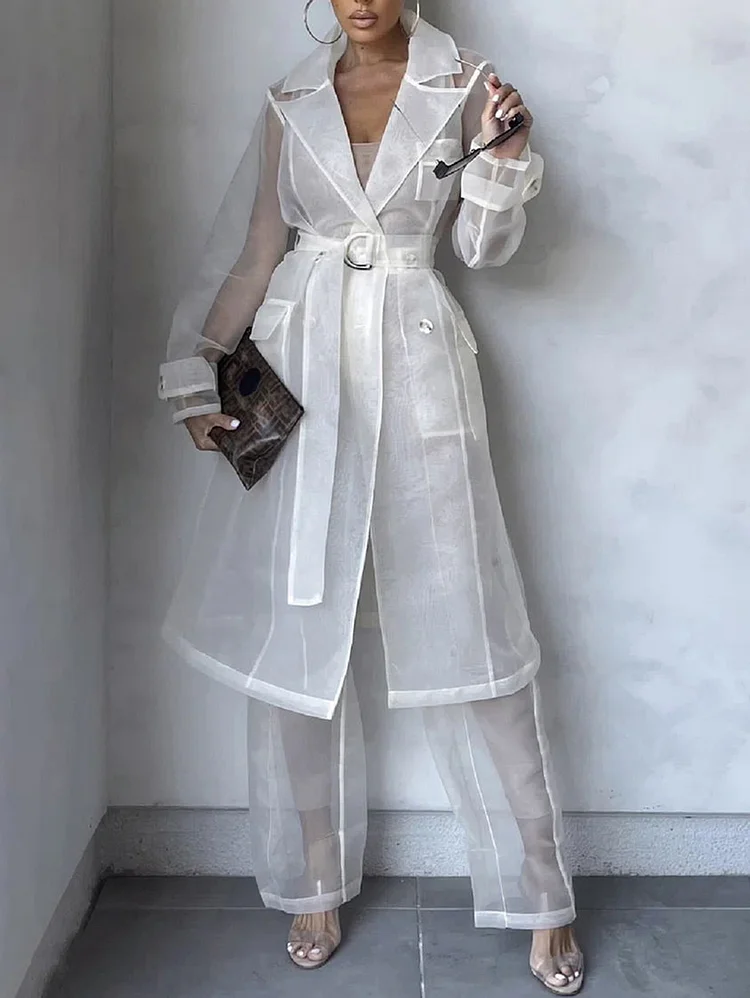 Elegant Sheer Mesh Notch Lapel Pocket Belted Long Coat
