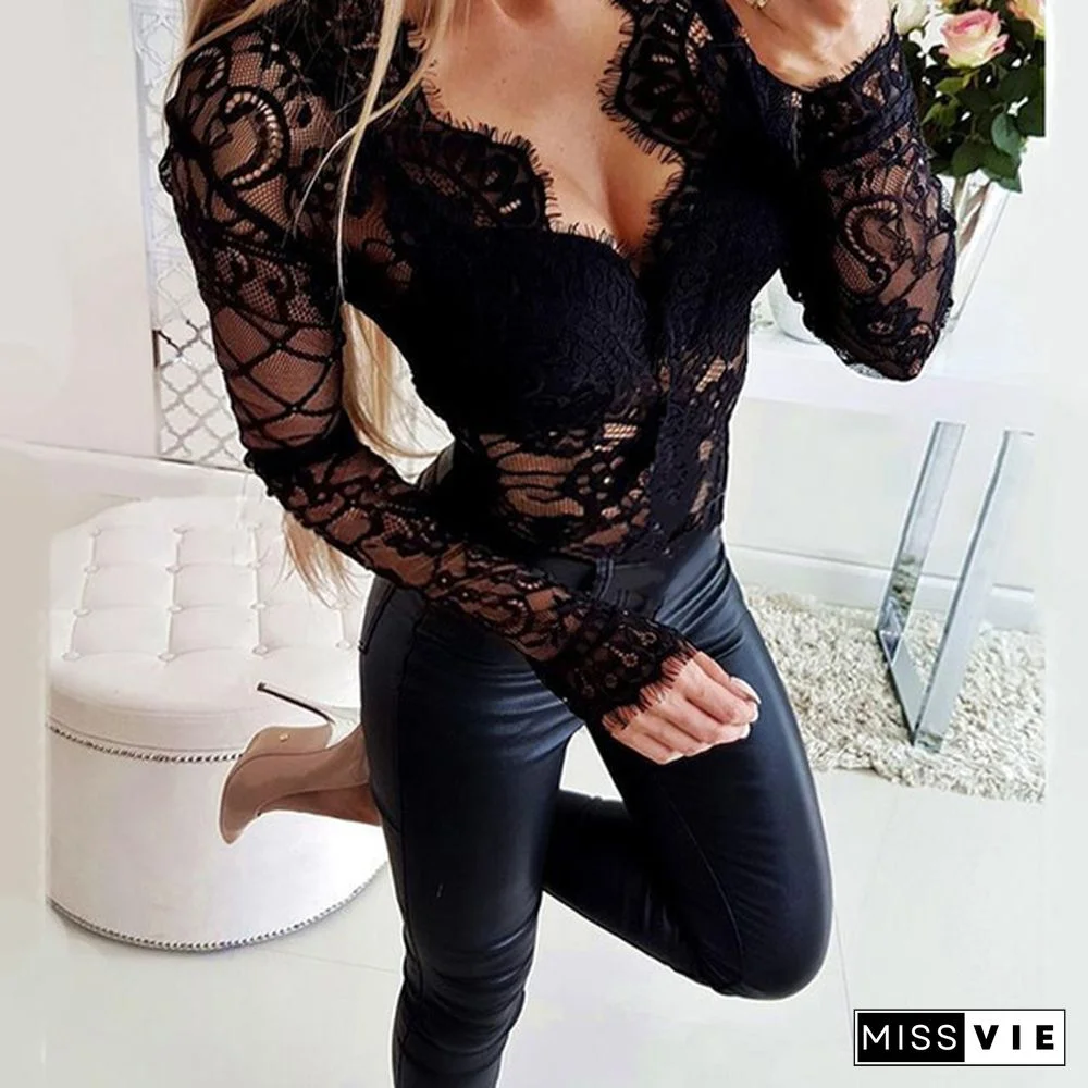 Women Sexy Plunge Long Sleeves Lace Bodysuit