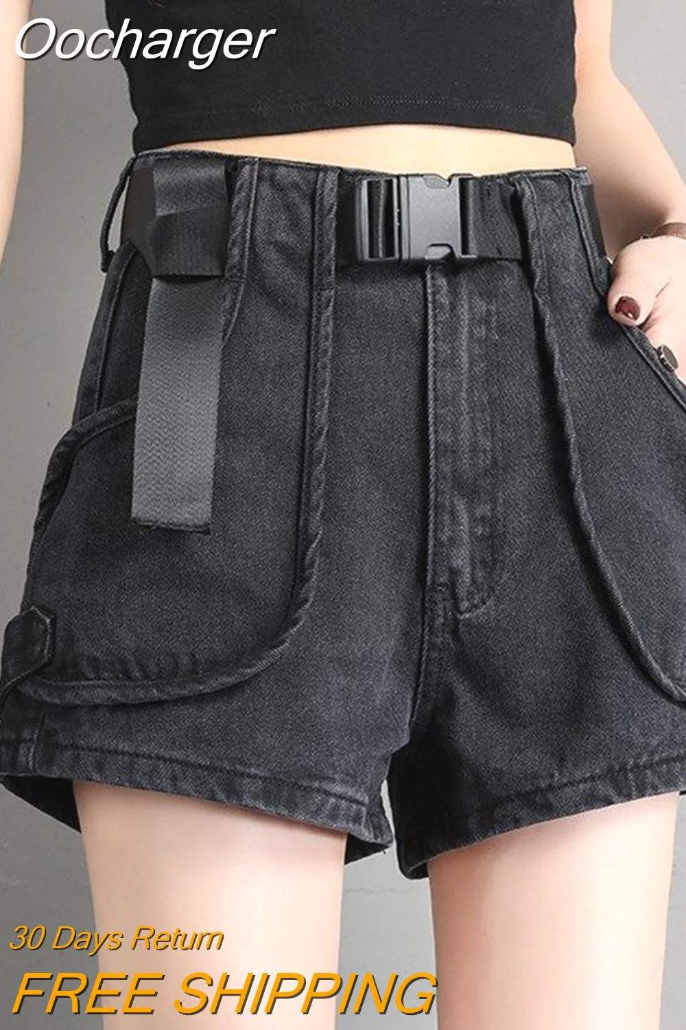 Oocharger Denim Shorts with Belt 2023 Spring New Style Hong Kong Retro Style High Waist Korean Loose A-line Short Women's Jeans