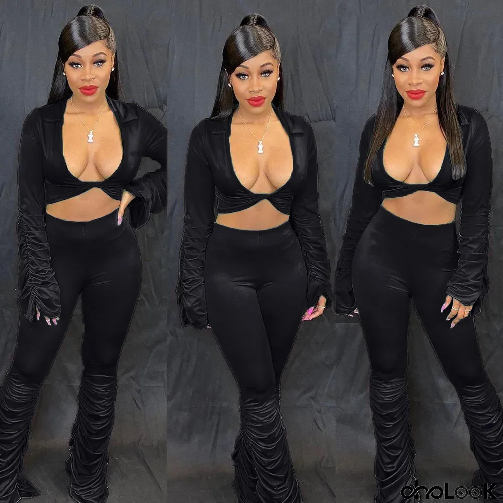 Sexy Deep V Crop Top And Pants Two Piece Sets
