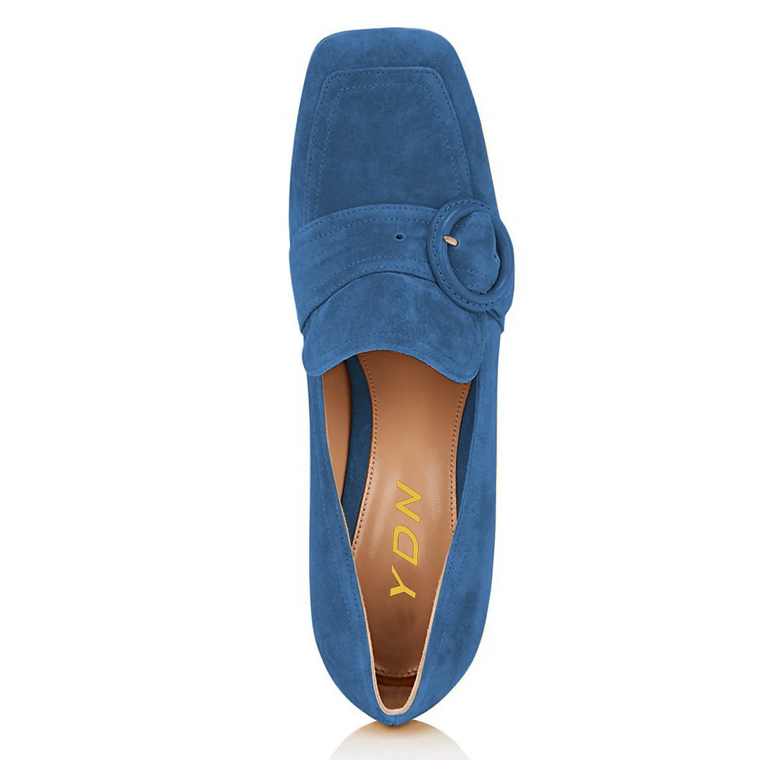 Simple Round Buckle Vegan Suede Square Toe Loafer Heels in Blue