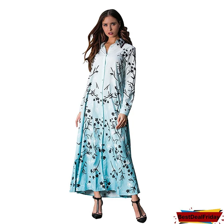 Women Sexy Floral Printed Long Sleeve Plus Size Maxi Dress