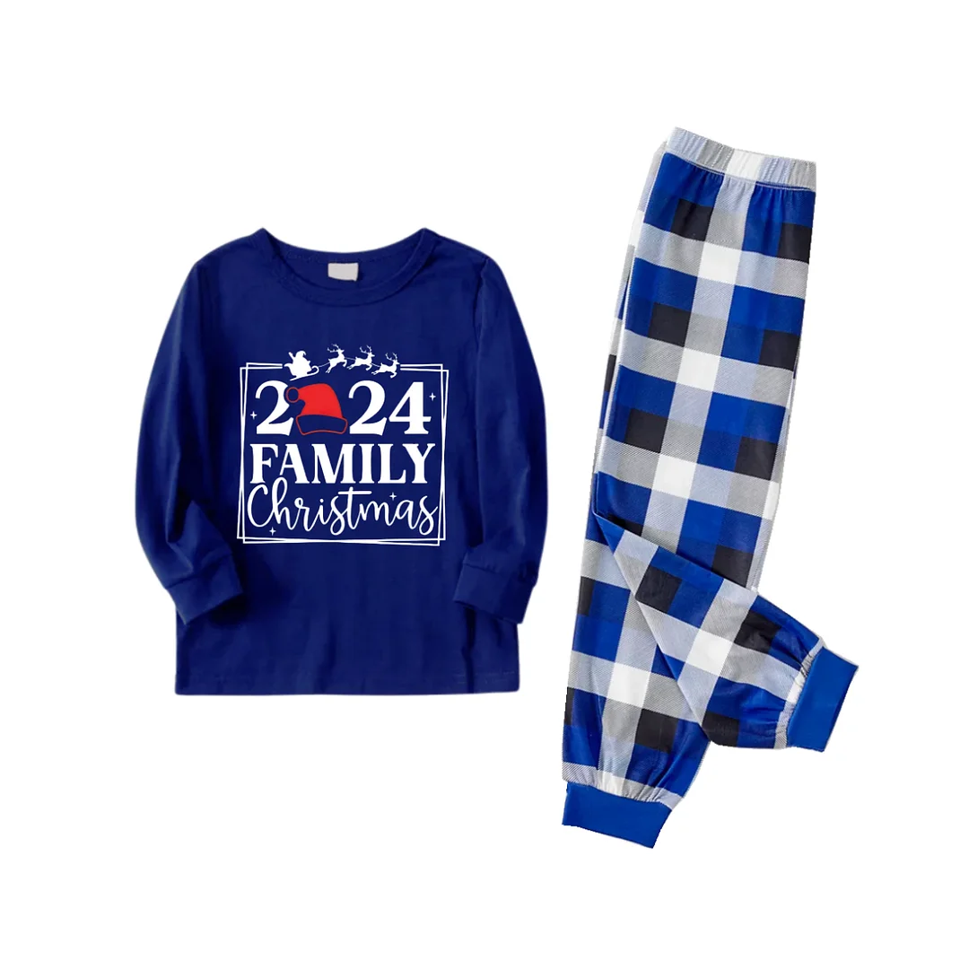 "2024 Family Christmas" Text and Reindeer Printed Blue and White Plaid Family Matching Pajamas