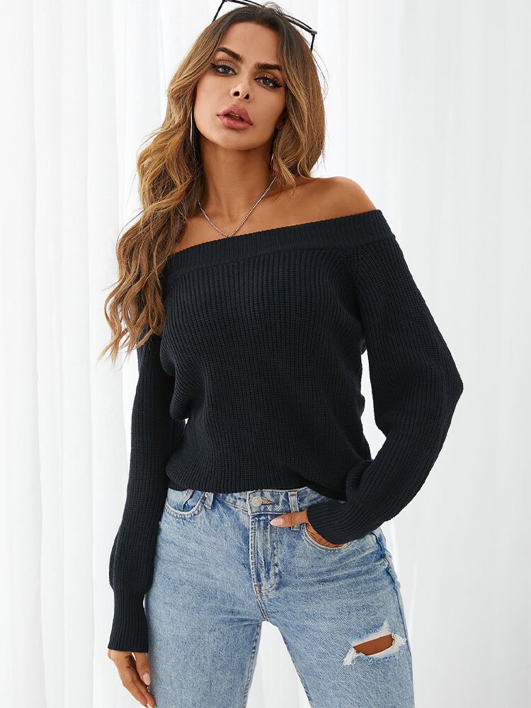 Solid Off-shoulder Long Sleeve Casual Sweater For Women - Chicaggo