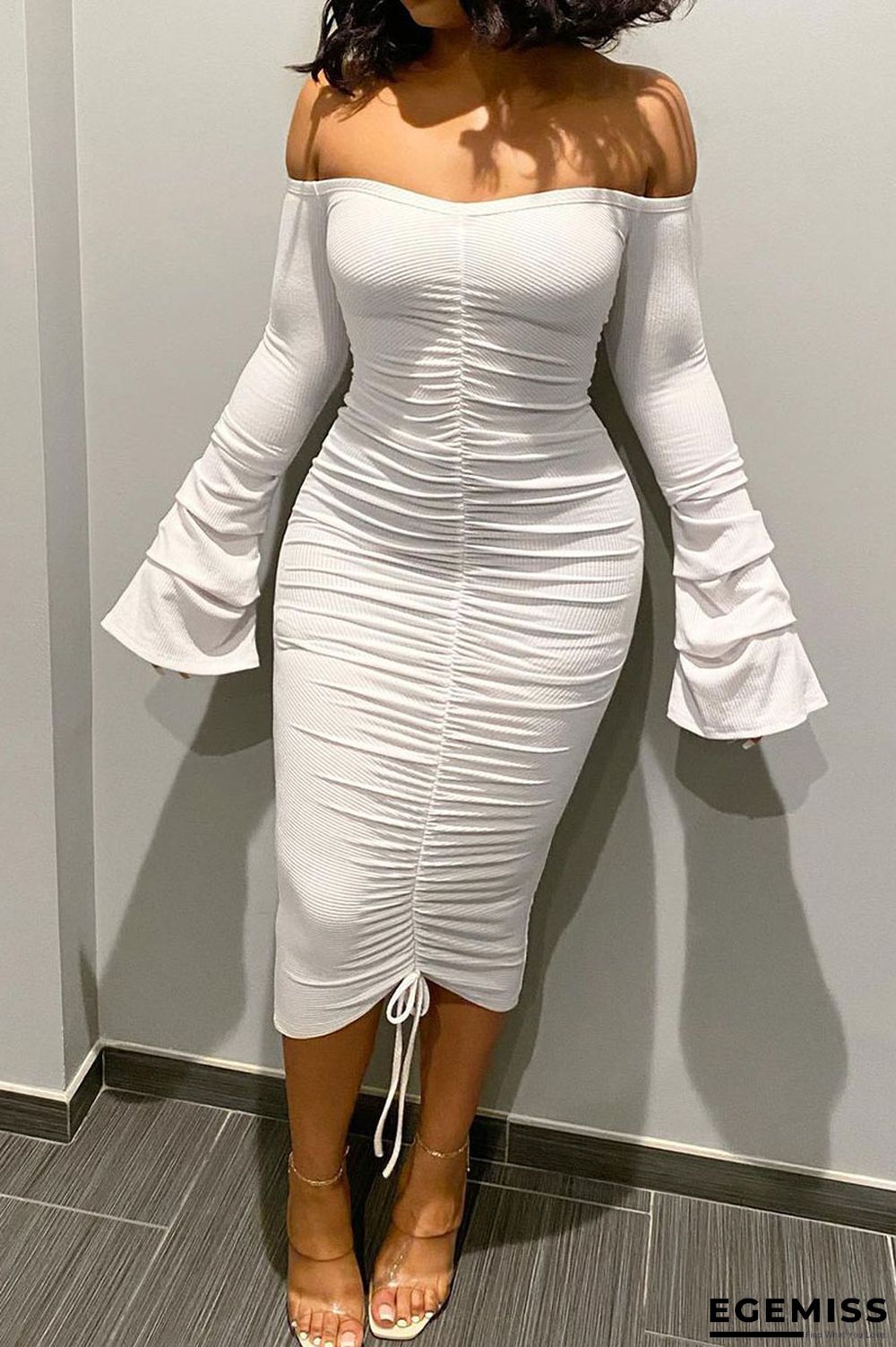 White Sexy Solid Fold Bateau Neck Wrapped Skirt Dresses | EGEMISS