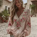 Women's Pink Rose Embroidered Linen Blend T-shirt - Image 2