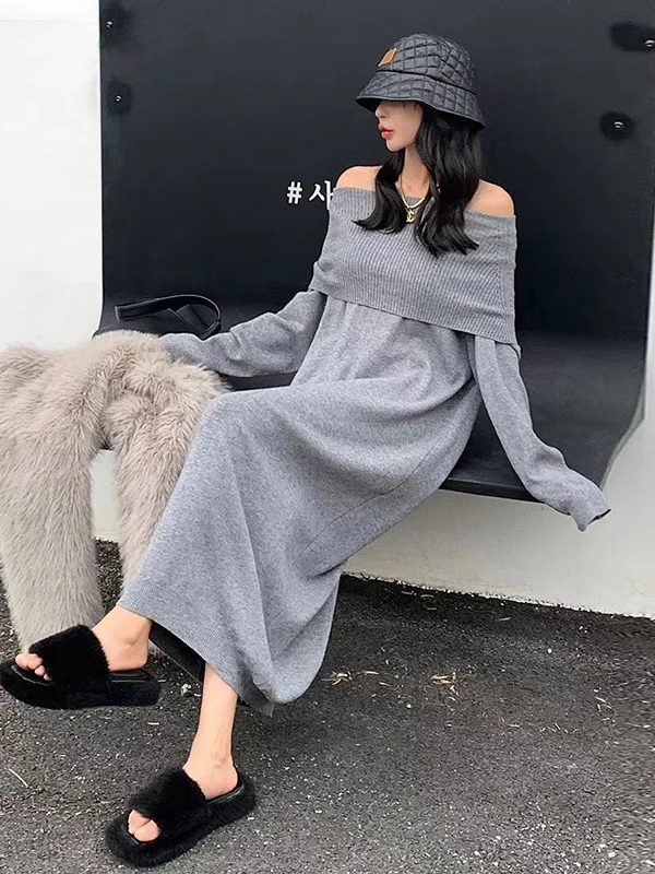 Minimalist Roomy Pure Color Off-The-Shoulder Midi Dresses Sweater Dresses