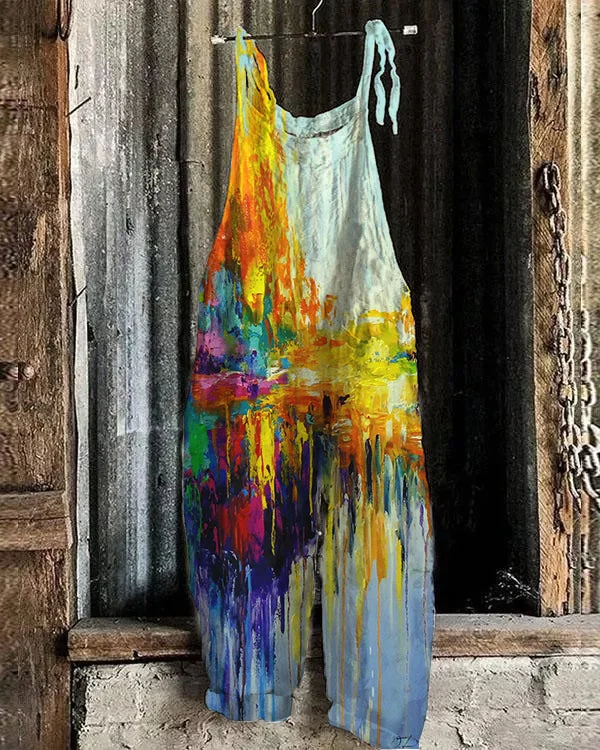 Fashion Oil Painting Style Floral Women Casual Linen Jumpsuits
