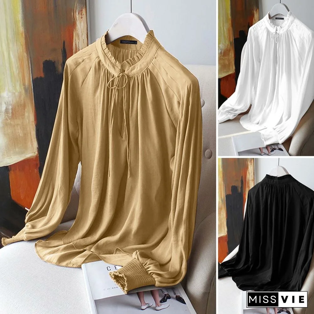 Women Spring Autumn Pullover Stand Collar Shirts Office Work Blouse Solid Vintage Blouse Tops
