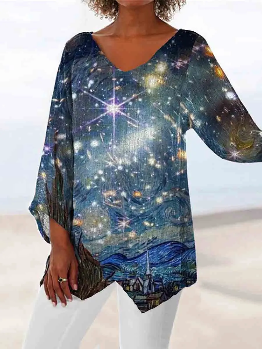 Women Asymmetrical 3/4 Sleeve V-neck Printed Graphic Top Dress