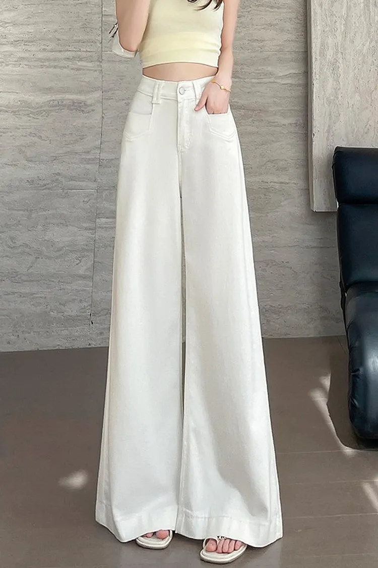 White Linen Look Wide Leg Jeans Flowy Trousers with Pockets for Women
