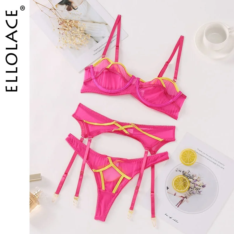 Ellolace Sexy Kiss Lingerie Lace Underwear Erotic Transparent Brief Sets Unlined Bra Kit Push Up Seamless Purple 2 Piece Set