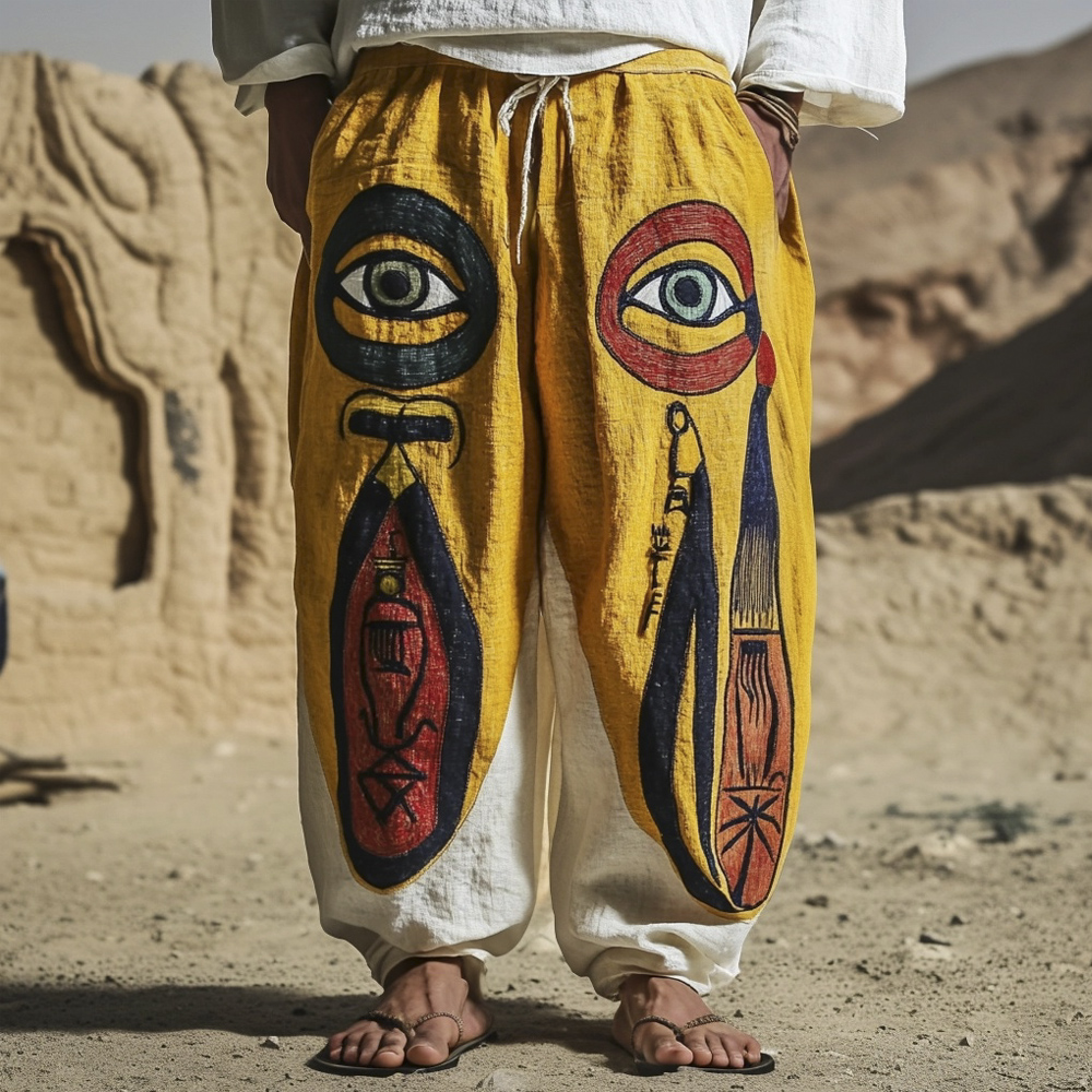 Egyptian Eye Of Horus Element Embroidery Men's Linen Pants