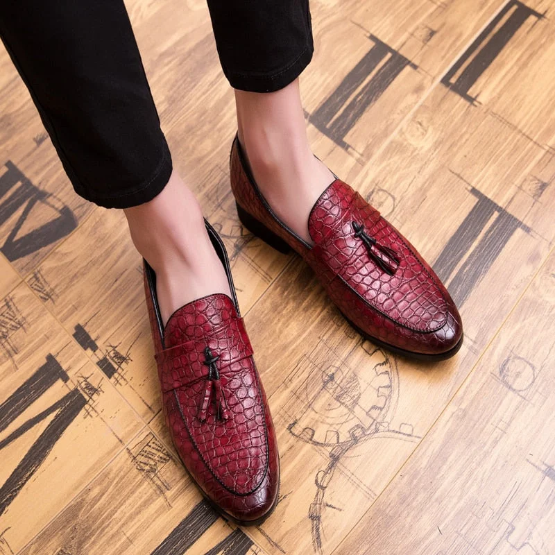 YRZL Leather Shoes Retro Tassel Crocodile Pattern Men Loafers Comfortable Office Mens Slip-on Loafers Men Shoes Leather