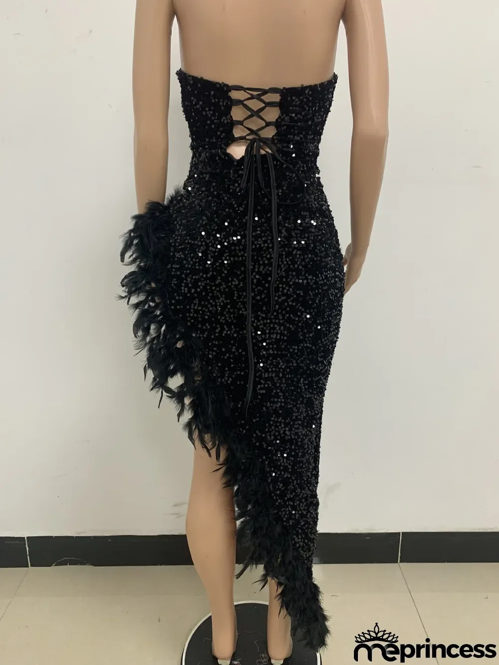 Women Sexy Off Shoulder Backless Sequin Feather Dress