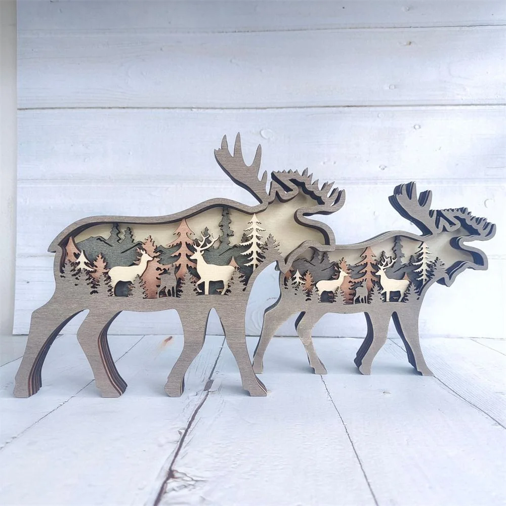 Purexcellent&trade; New creative home desktop wood carving deer crafts ornaments