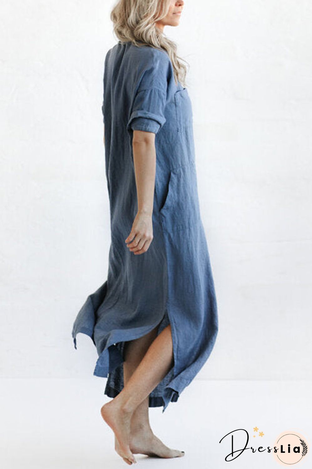 Linen Button Pockets Shirt Maxi Dress